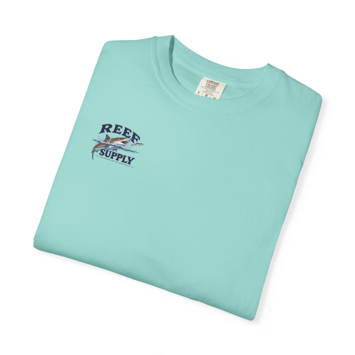 Light turquoise Tiger Tee t-shirt featuring a Reef Supply fish graphic.