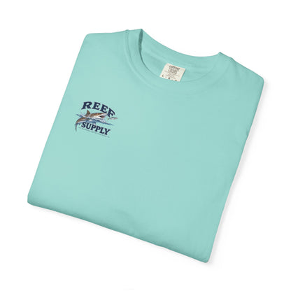 Light turquoise Tiger Tee t-shirt featuring a Reef Supply fish graphic.