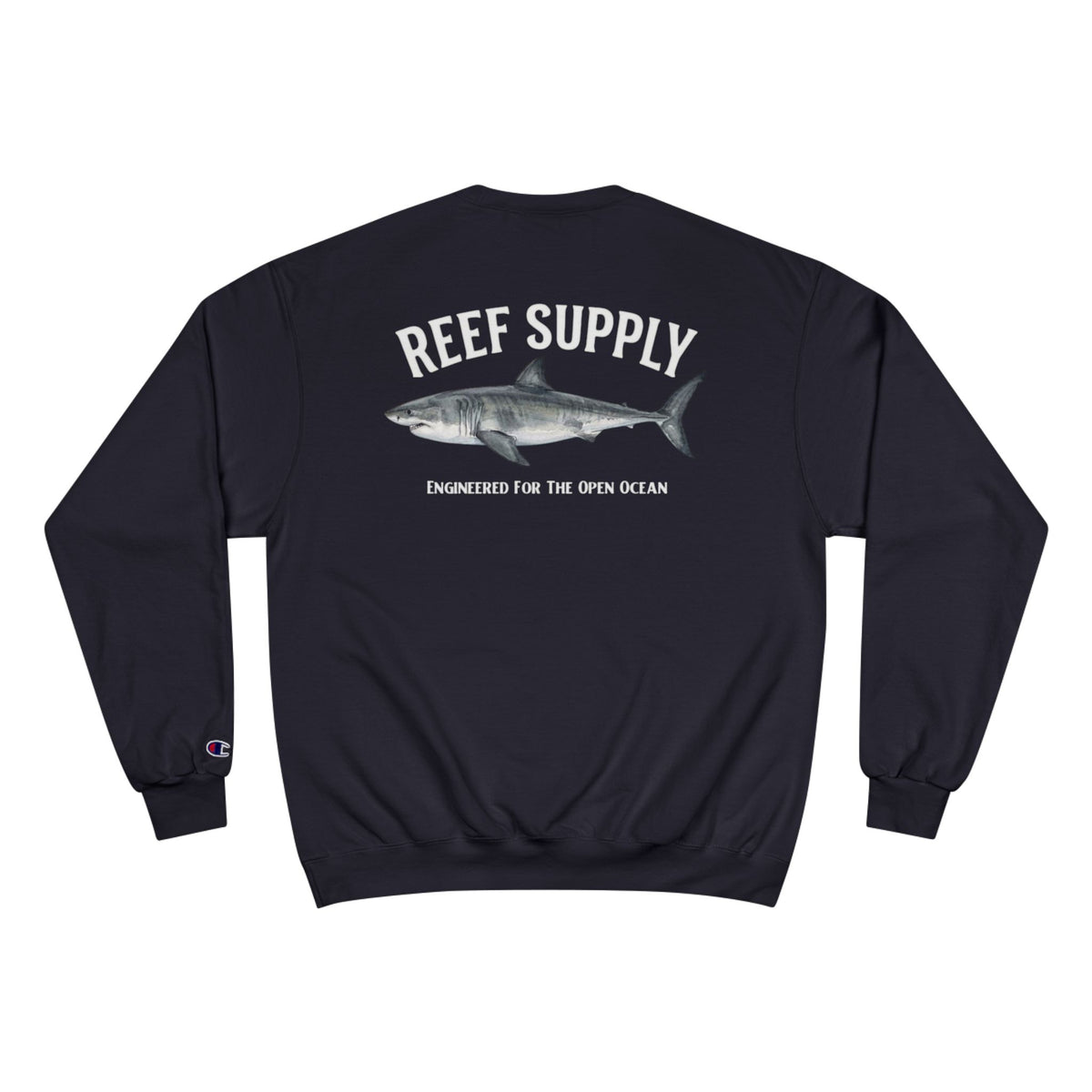 Back view of a black Reef Supply crewneck sweatshirt featuring a great white shark graphic.