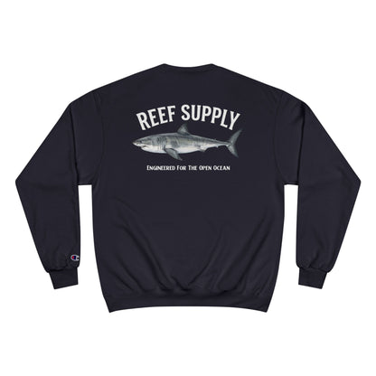 Back view of a black Reef Supply crewneck sweatshirt featuring a great white shark graphic.