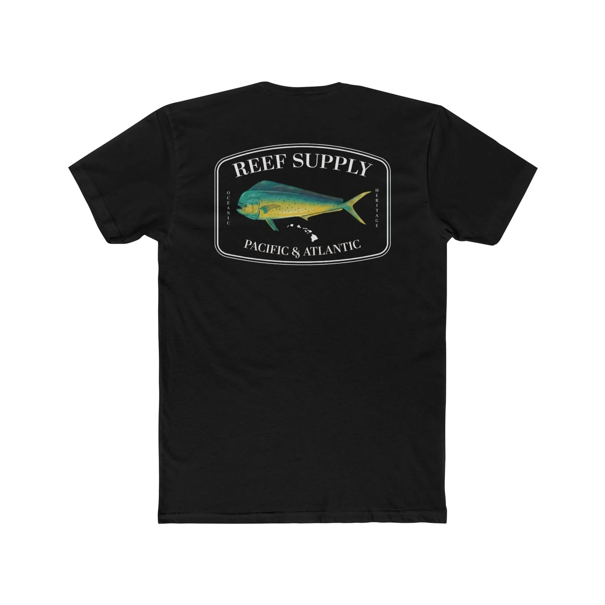 Reef Supply Co black mahi mahi fishing t shirt featuring colorful dolphin fish artwork inspired by offshore saltwater fishing
