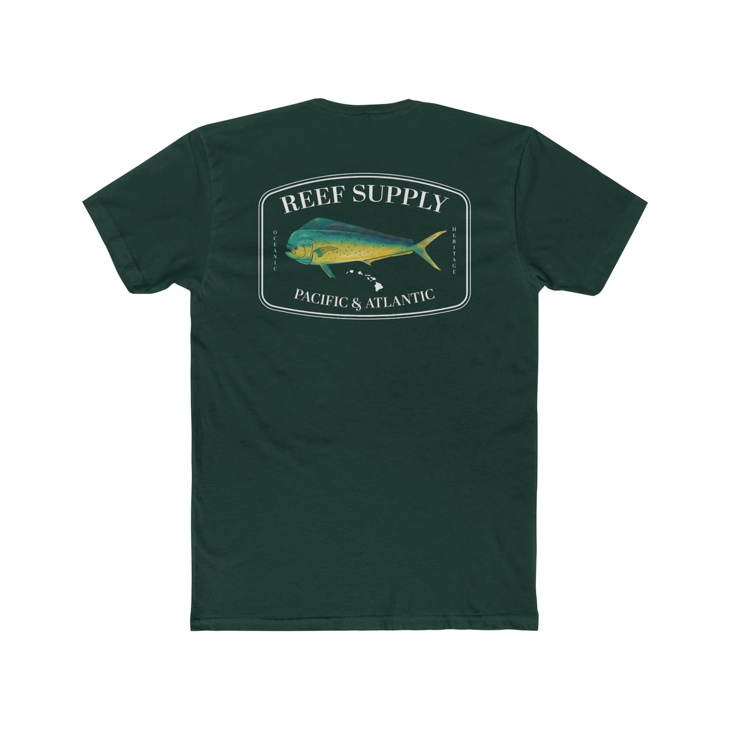 Reef Supply Co dark green mahi mahi fishing t shirt featuring colorful dolphin fish artwork inspired by offshore saltwater fishing

