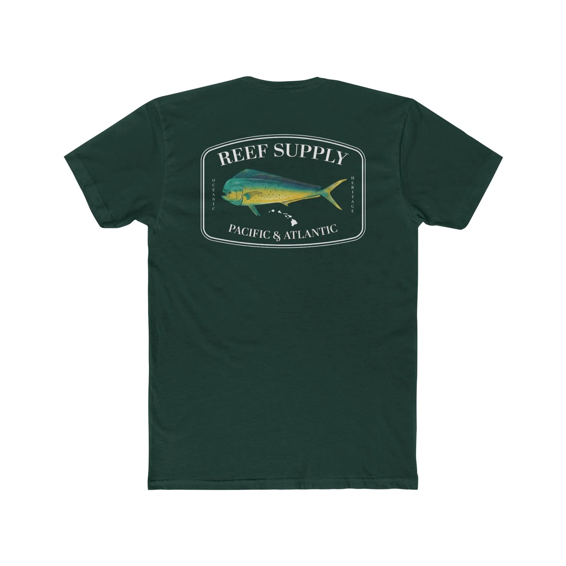 Reef Supply Co dark green mahi mahi fishing t shirt featuring colorful dolphin fish artwork inspired by offshore saltwater fishing
