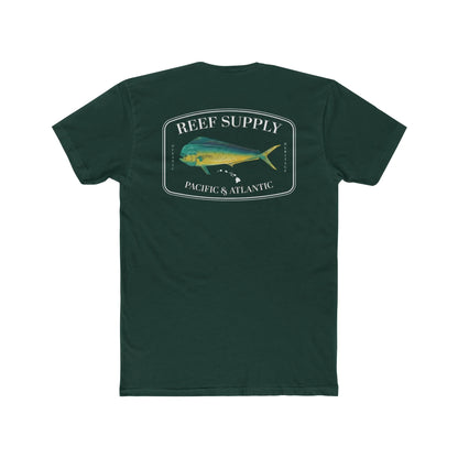 Reef Supply Co dark green mahi mahi fishing t shirt featuring colorful dolphin fish artwork inspired by offshore saltwater fishing
