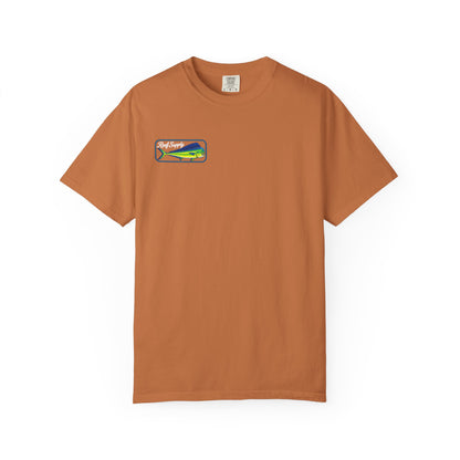 Rust orange t-shirt featuring a Mahi Mahi graphic logo.