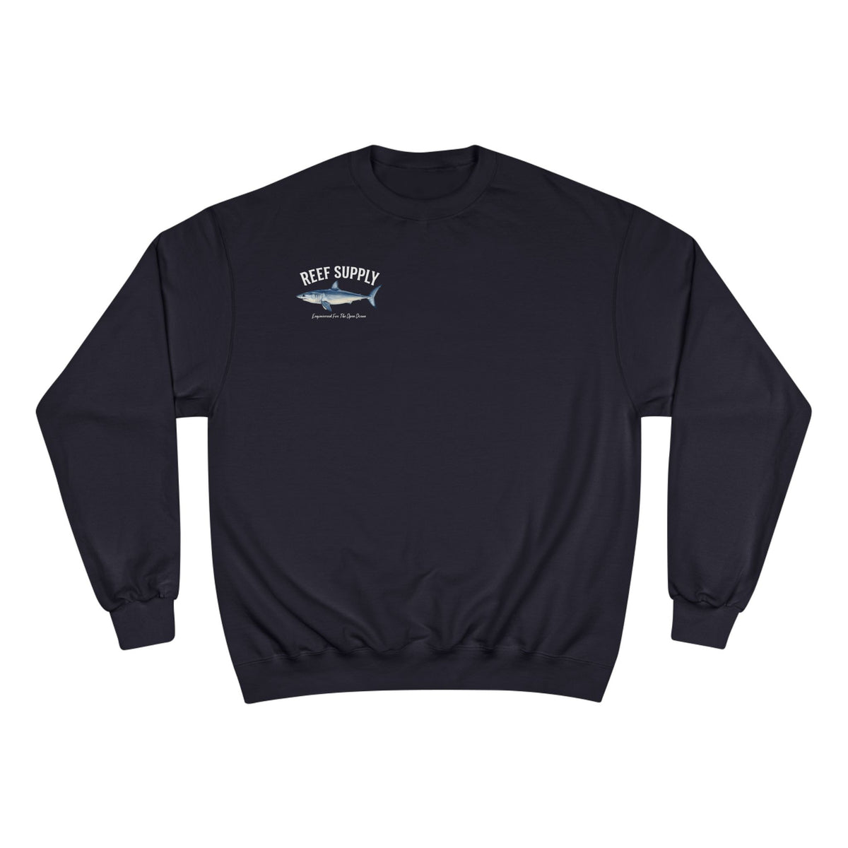 Navy blue Reef Supply Champion Mako Crewneck sweatshirt featuring a shark graphic.