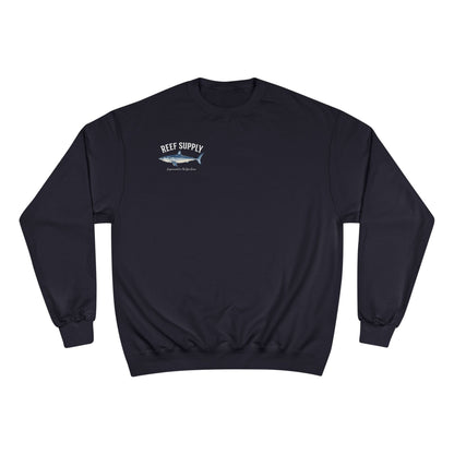 Navy blue Reef Supply Champion Mako Crewneck sweatshirt featuring a shark graphic.
