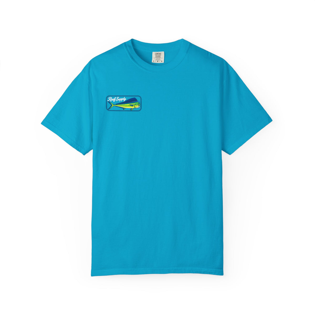 Bright blue Reef Supply Mahi Frenzy Tee with a mahi-mahi fish graphic on the chest.