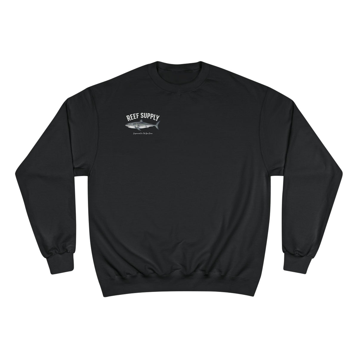 Black Reef Supply crewneck sweatshirt featuring a great white shark graphic.