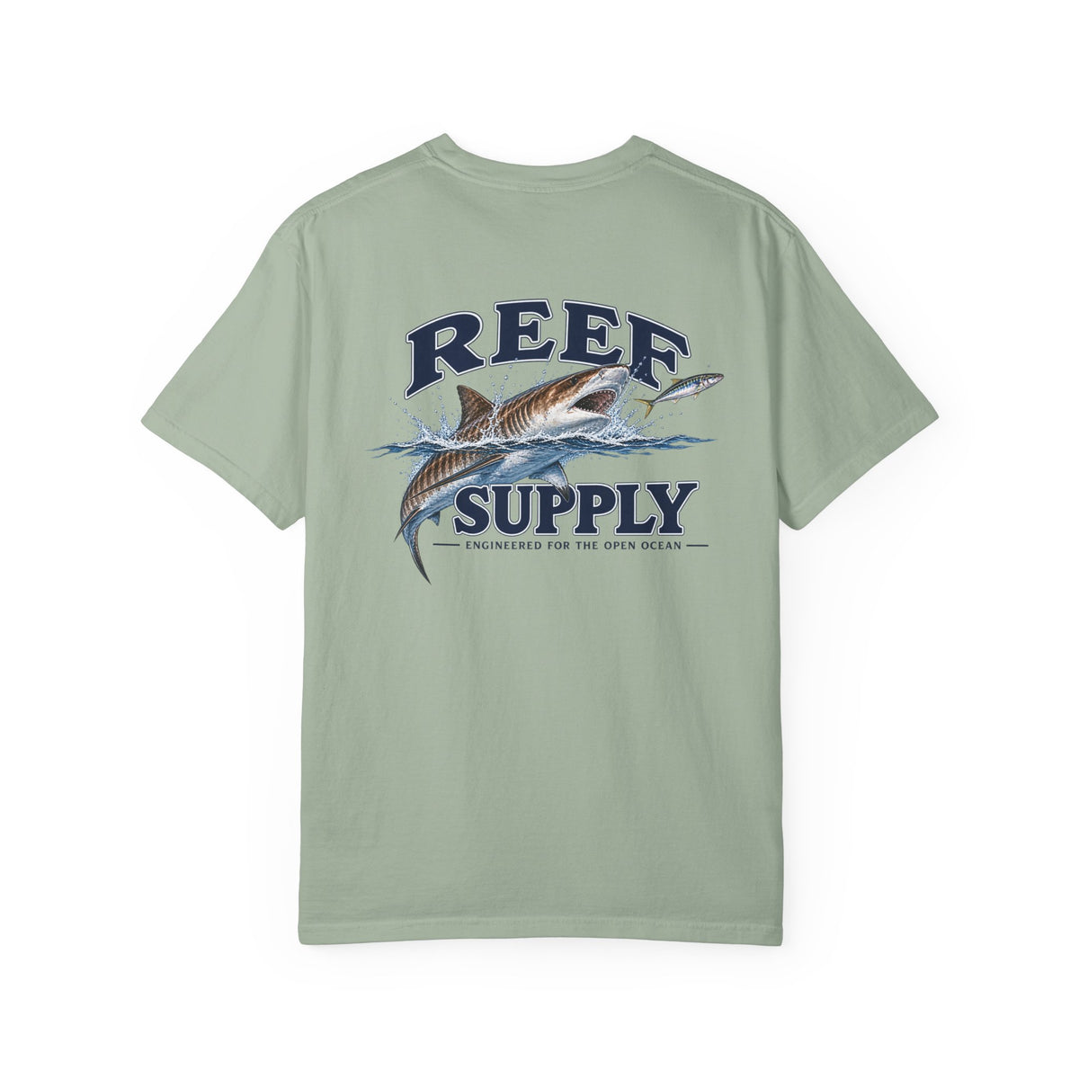 Back view of a sage green Reef Supply Tiger Tee featuring a shark graphic and Reef Supply logo.