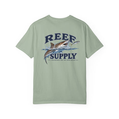 Back view of a sage green Reef Supply Tiger Tee featuring a shark graphic and Reef Supply logo.