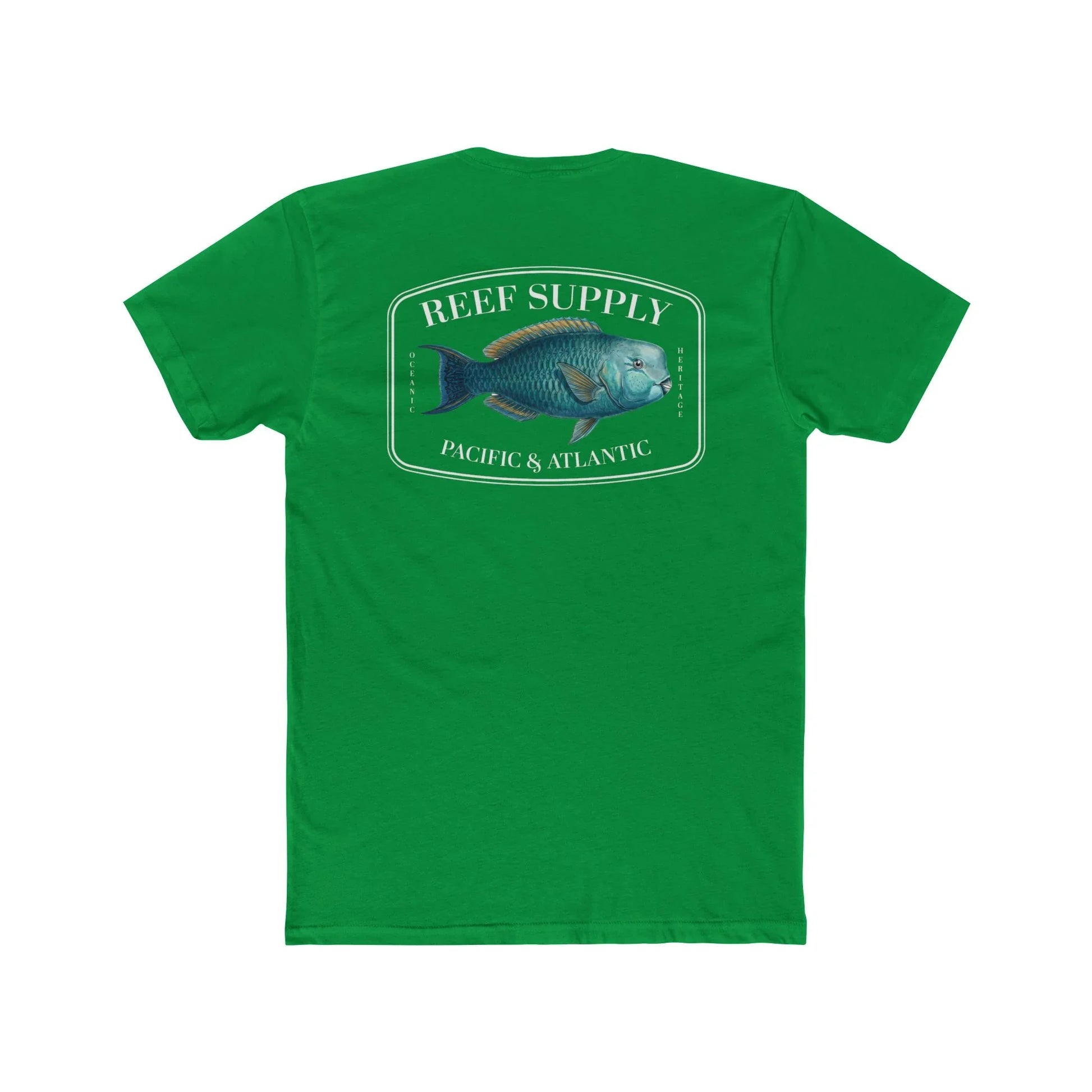 A close-up view of the back of a green premium cotton t-shirt. The centerpiece is a detailed, vibrant illustration of a blue Parrotfish, reflecting its natural colors. The Reef Supply brand logo is arched over the top of the fish, with 'Pacific & Atlantic' text printed in a clean font beneath it, highlighting our coastal inspiration