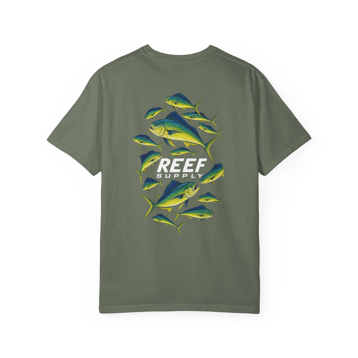 The Mahi Frenzy Tee by Reef Supply in olive green featuring a school of mahi mahi fish.