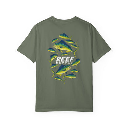 The Mahi Frenzy Tee by Reef Supply in olive green featuring a school of mahi mahi fish.