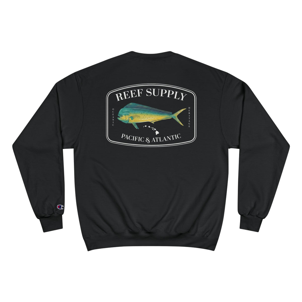 Back view of a black Reef Supply crewneck sweatshirt featuring a Mahi Mahi fish graphic.