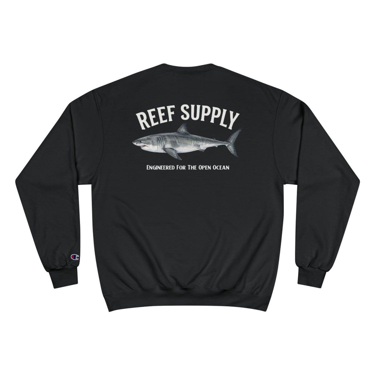 Back of a black Reef Supply crewneck sweatshirt featuring a great white shark graphic.