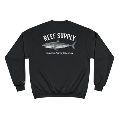 Back of a black Reef Supply crewneck sweatshirt featuring a great white shark graphic.
