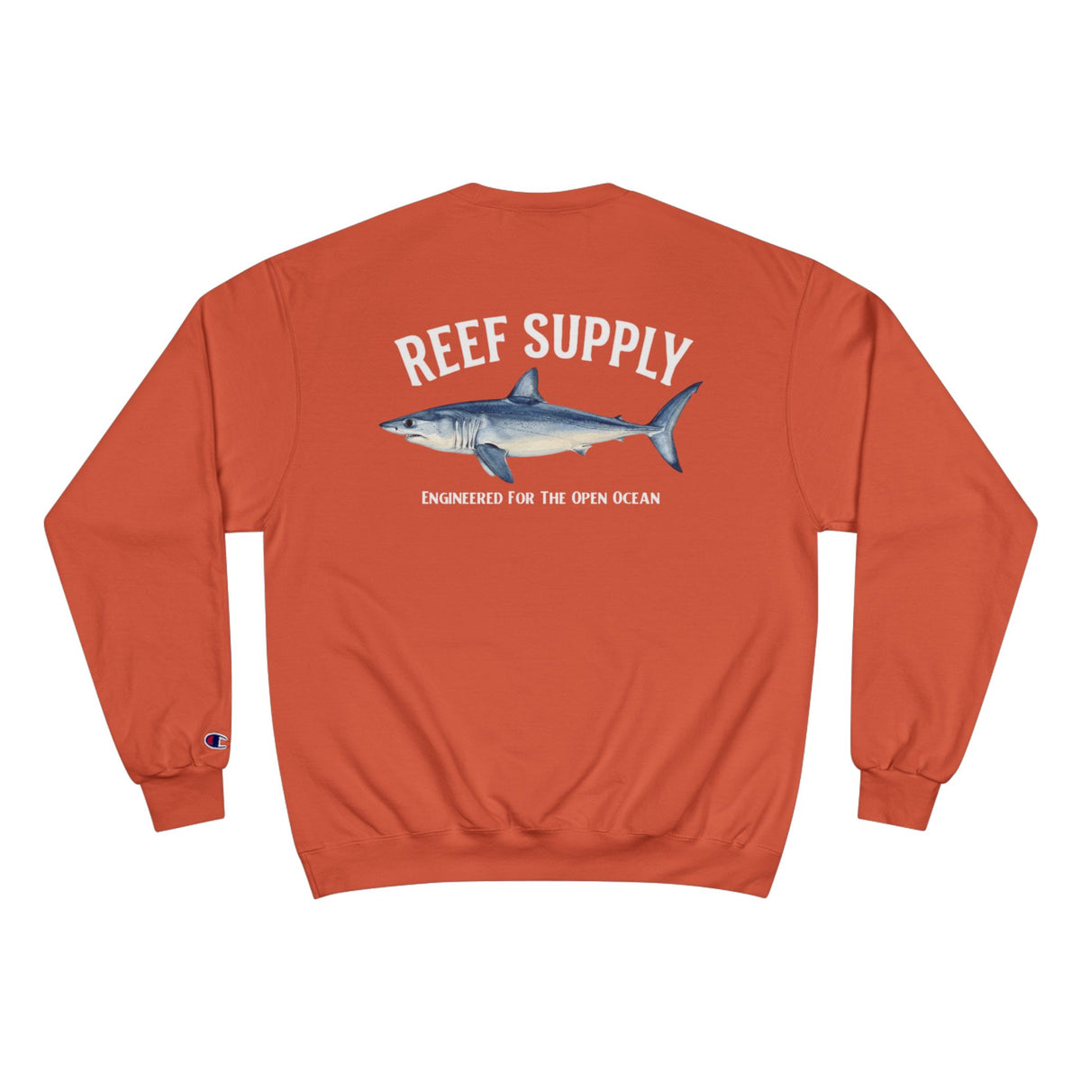 Back view of orange Champion Mako crewneck sweatshirt featuring a shark graphic and text.