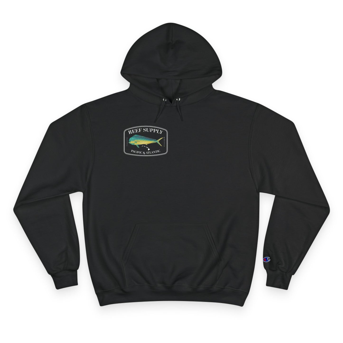 The front of a premium Champion black pullover hoodie, crafted for those who respect the sea. It features a bold, high-definition print of a vibrant Mahi Mahi—a tribute to the thrill of the offshore hunt. Paired with 'Reef Supply' coastal branding and the iconic 'Pacific & Atlantic' call-out, this Champion-quality garment delivers the durability needed for the marina and the style of a dedicated angler