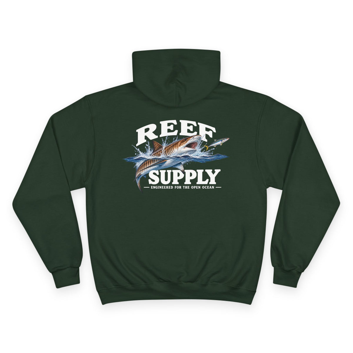 Back view of a dark green Reef Supply Tiger Shark Champion Hoodie featuring a shark graphic.
