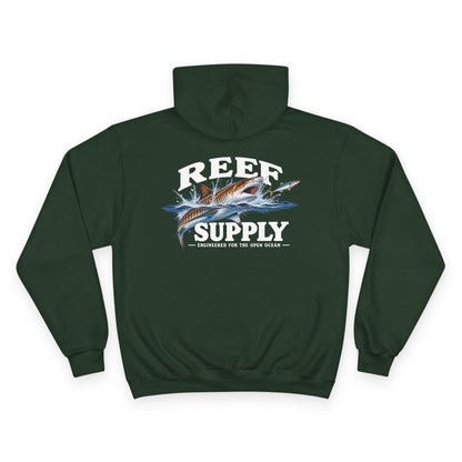Back view of a dark green Reef Supply Tiger Shark Champion Hoodie featuring a shark graphic.