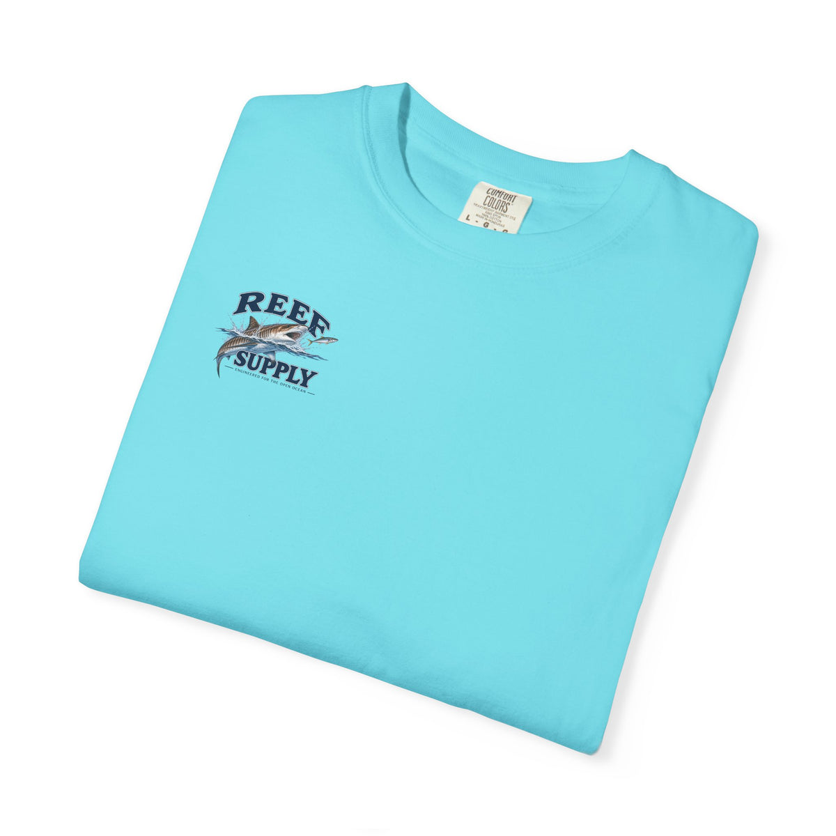 Light blue Tiger Tee t-shirt featuring a graphic fish illustration by Reef Supply.