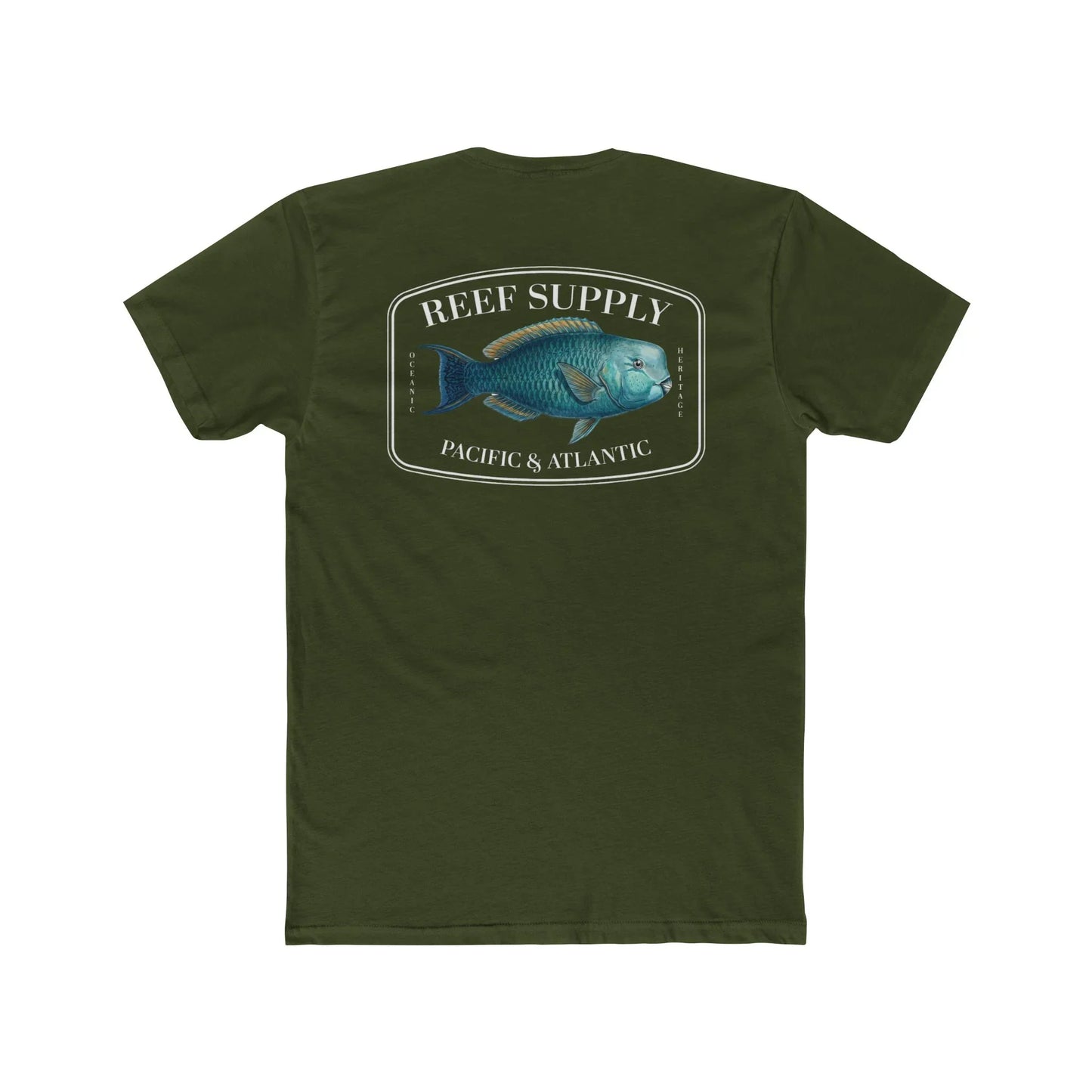 A close-up view of the back of a olive green premium cotton t-shirt. The centerpiece is a detailed, vibrant illustration of a blue Parrotfish, reflecting its natural colors. The Reef Supply brand logo is arched over the top of the fish, with 'Pacific & Atlantic' text printed in a clean font beneath it, highlighting our coastal inspiration