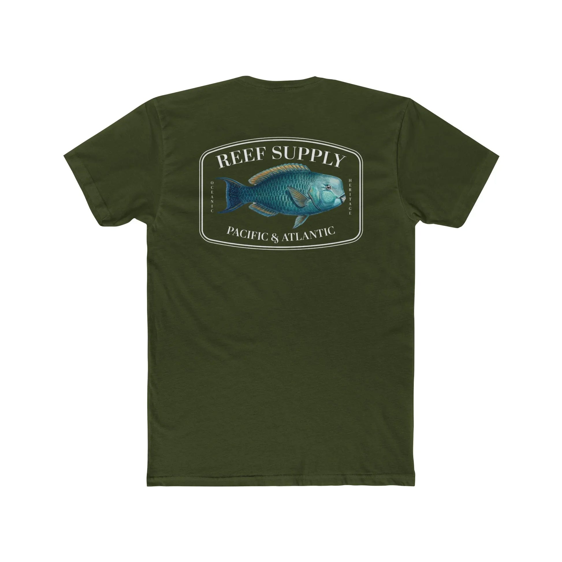 A close-up view of the back of a olive green premium cotton t-shirt. The centerpiece is a detailed, vibrant illustration of a blue Parrotfish, reflecting its natural colors. The Reef Supply brand logo is arched over the top of the fish, with 'Pacific & Atlantic' text printed in a clean font beneath it, highlighting our coastal inspiration