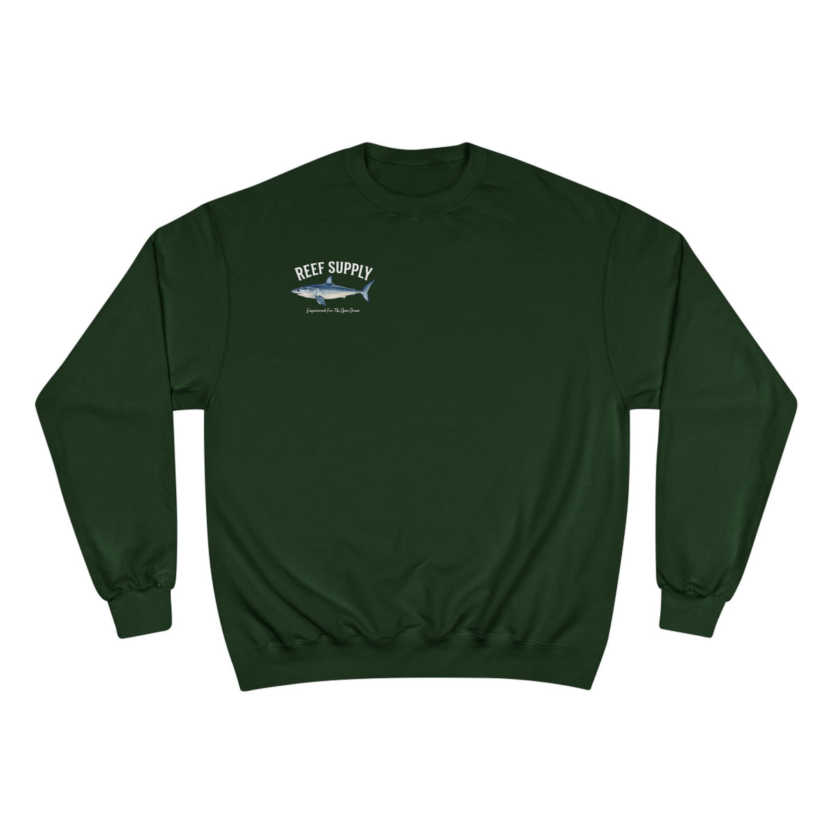 Dark green Reef Supply Champion Mako crewneck sweatshirt with a shark graphic on the chest.