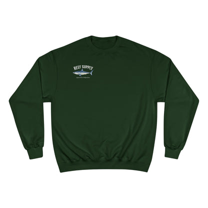 Dark green Reef Supply Champion Mako crewneck sweatshirt with a shark graphic on the chest.