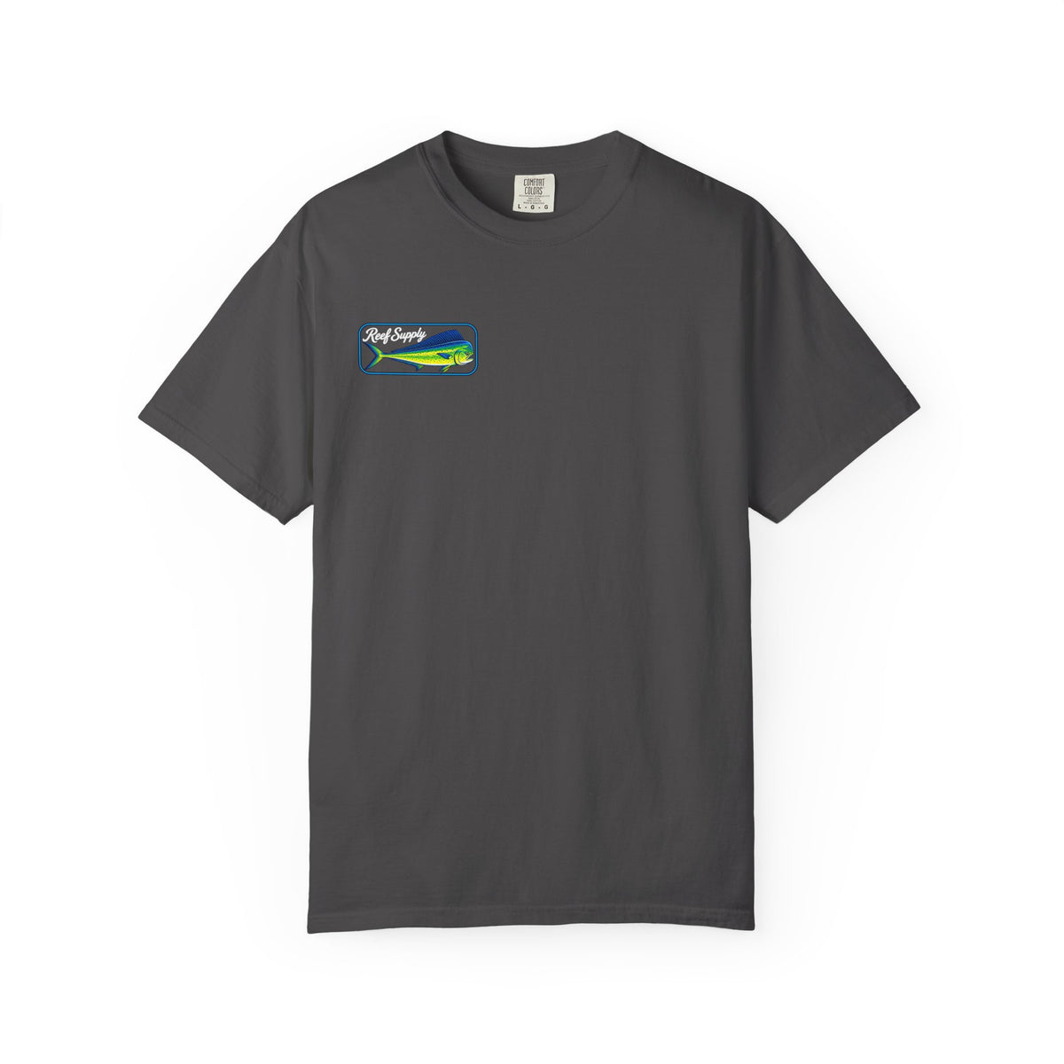 Charcoal grey Reef Supply Mahi Frenzy t-shirt with a colorful mahi mahi fish graphic on the chest.