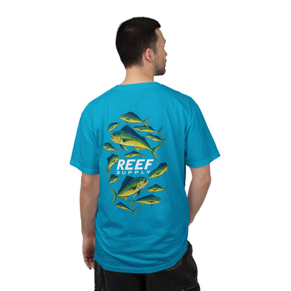 Back view of a person wearing a blue Reef Supply Mahi Frenzy Tee with a colorful fish graphic.