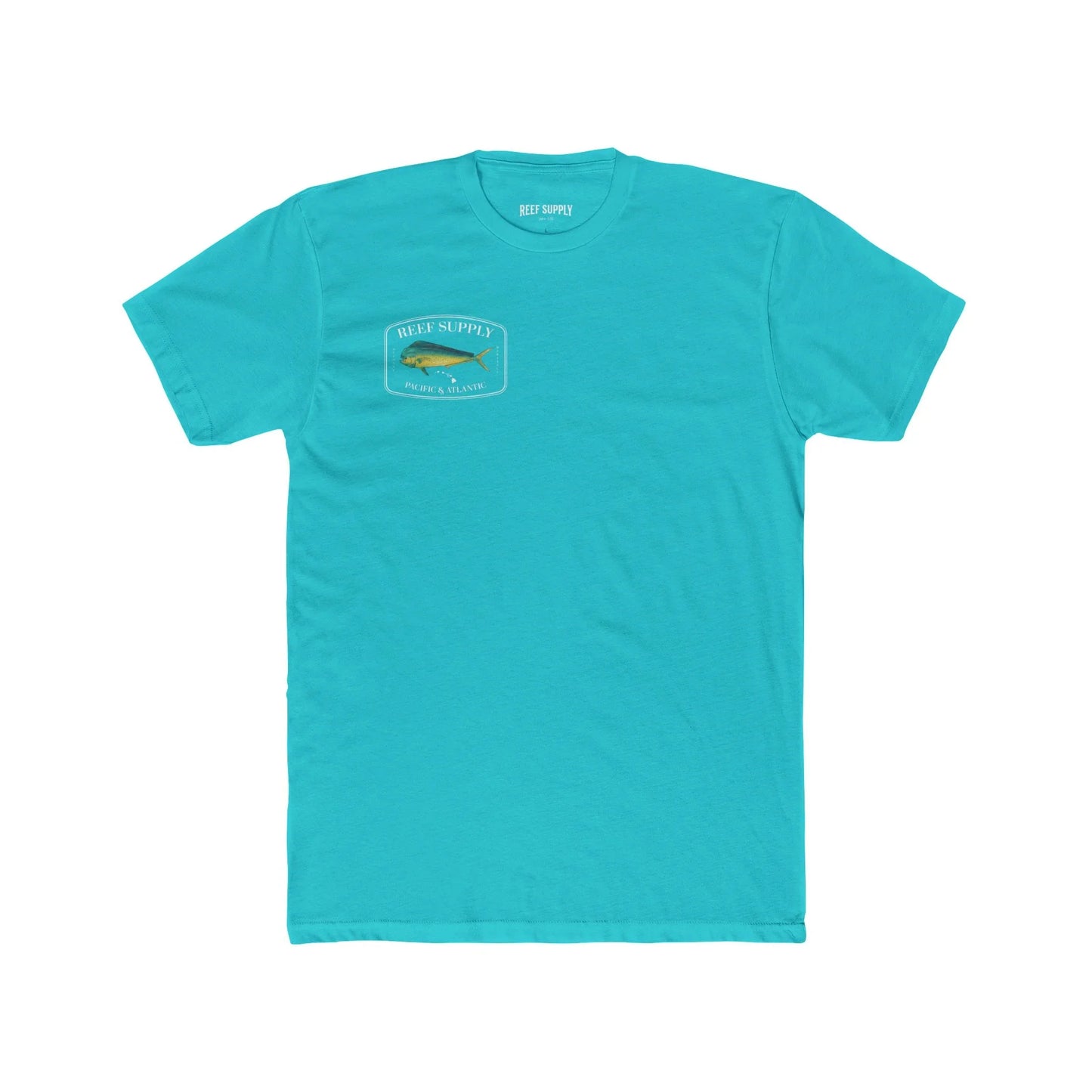 Reef Supply Co tahiti blue front mahi mahi fishing t shirt featuring colorful dolphin fish artwork inspired by offshore saltwater fishing
