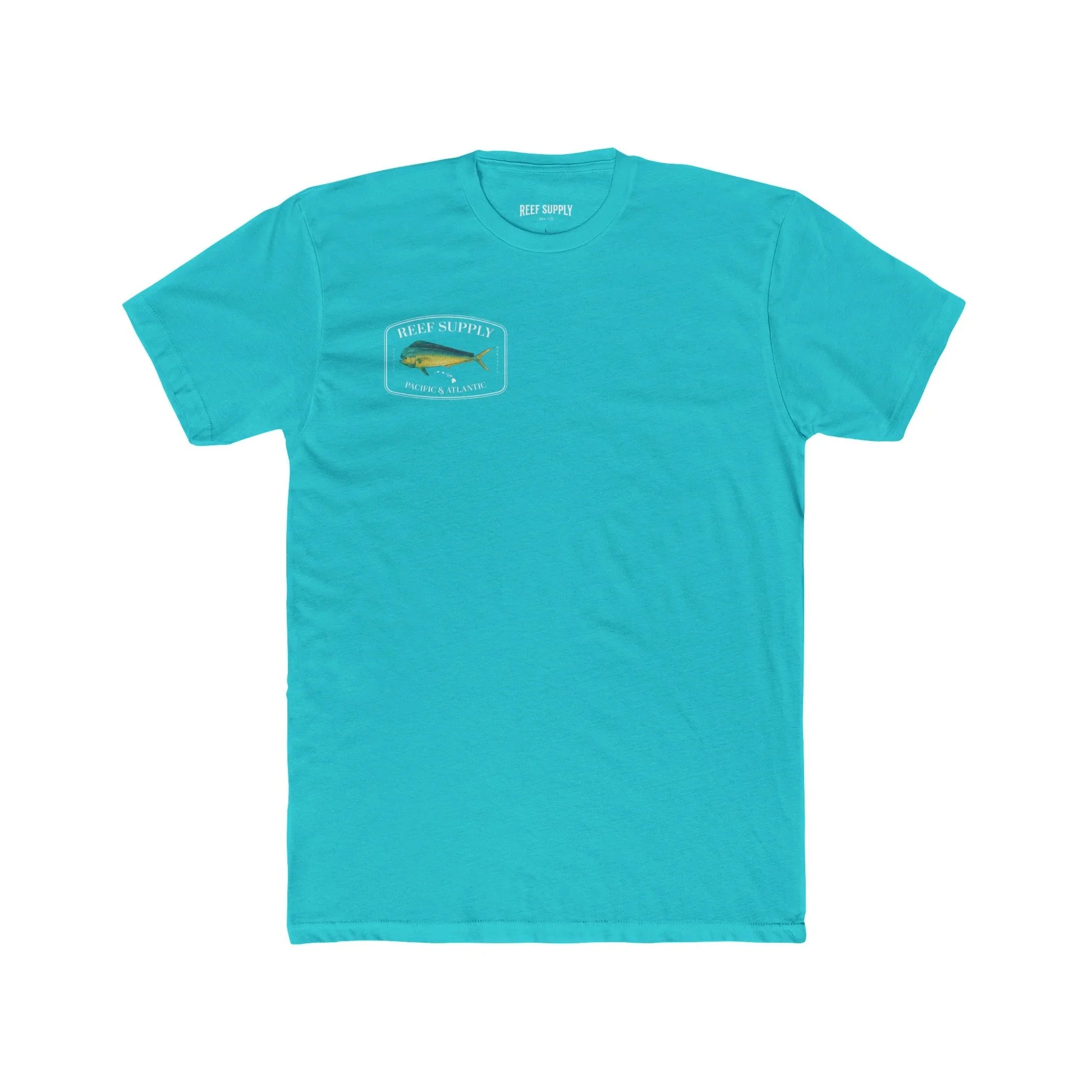 Reef Supply Co tahiti blue front mahi mahi fishing t shirt featuring colorful dolphin fish artwork inspired by offshore saltwater fishing
