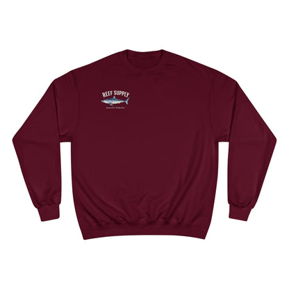 Maroon Champion Mako Crewneck sweatshirt featuring a shark graphic and Reef Supply logo.