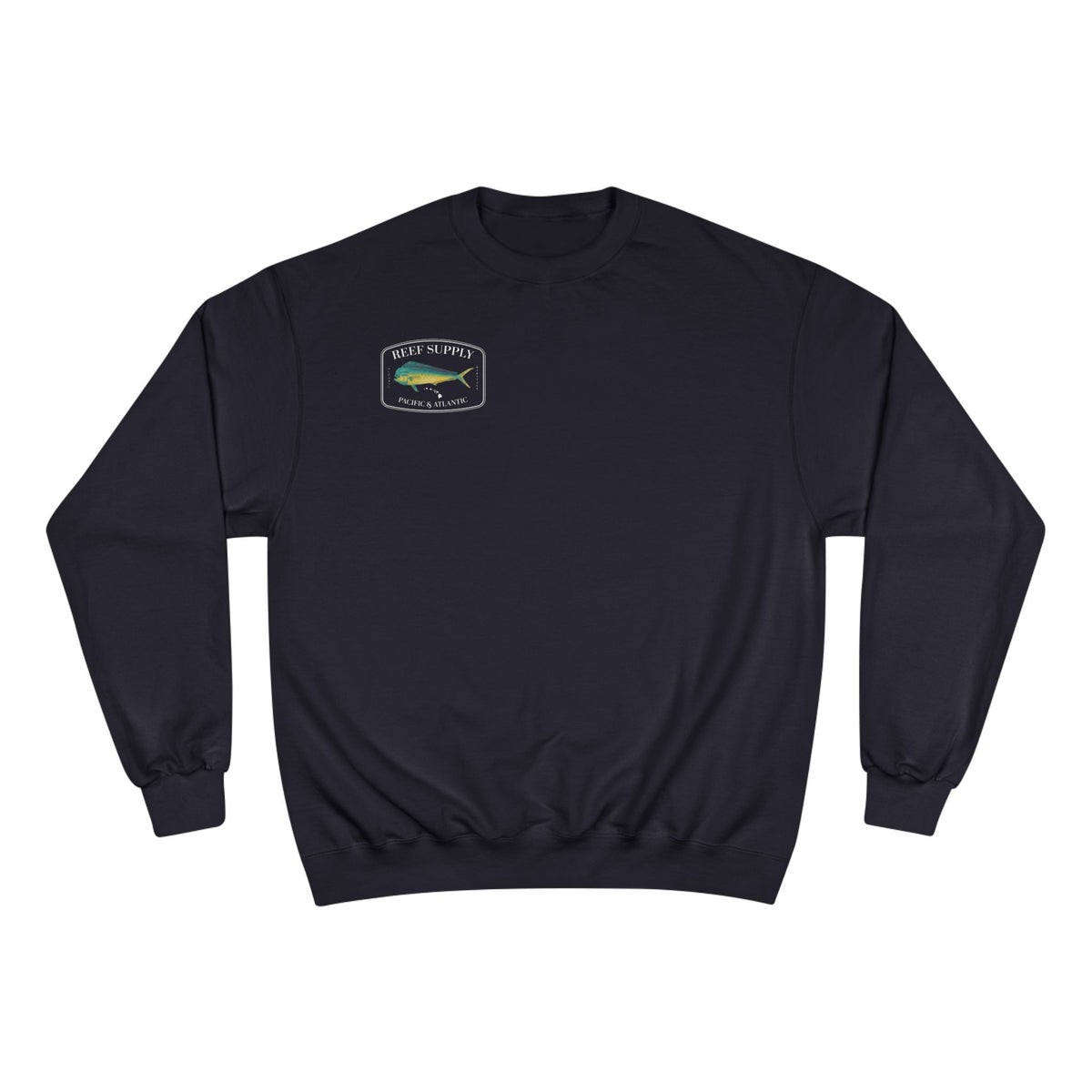 Navy blue Reef Supply crewneck sweatshirt with a Mahi fish logo on the chest.