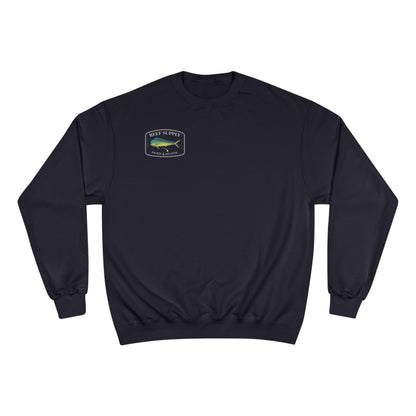 Navy blue Reef Supply crewneck sweatshirt with a Mahi fish logo on the chest.