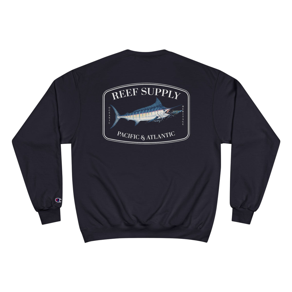 Back view of a navy Reef Supply Champion Marlin Crewneck sweatshirt with marlin graphic.