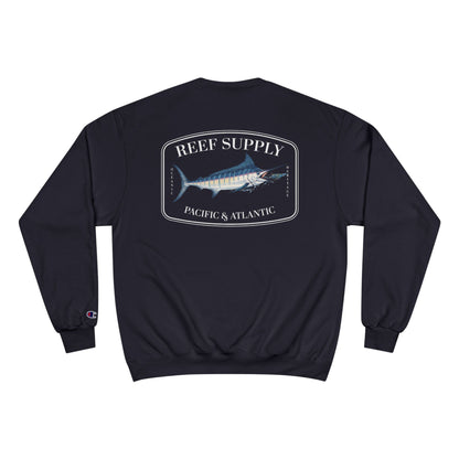 Back view of a navy Reef Supply Champion Marlin Crewneck sweatshirt with marlin graphic.