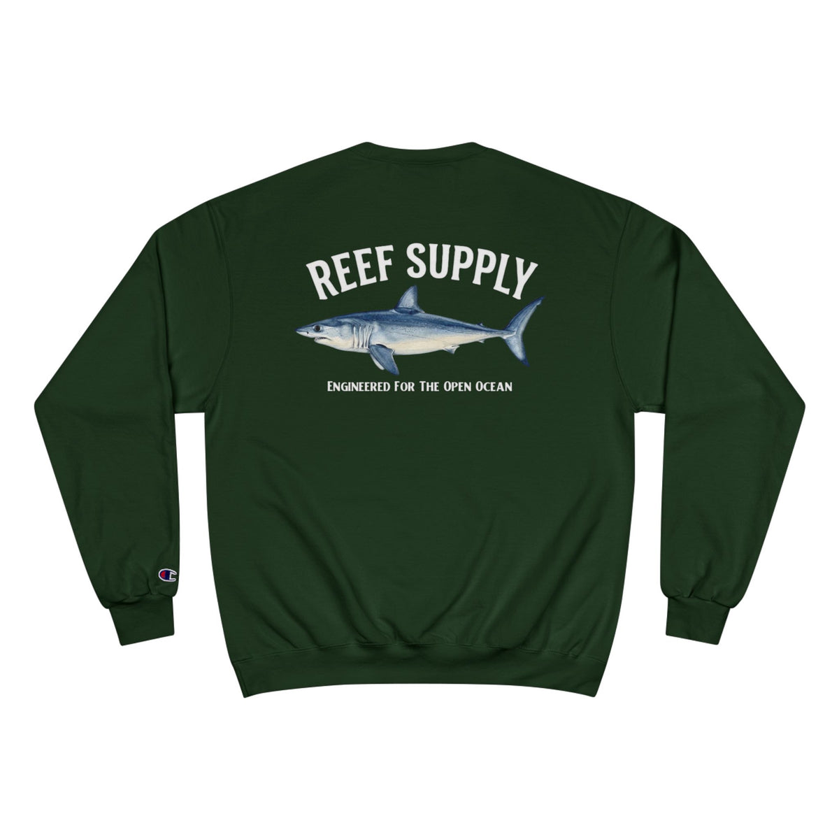Back of a dark green Reef Supply Champion Mako Crewneck featuring a shark graphic.