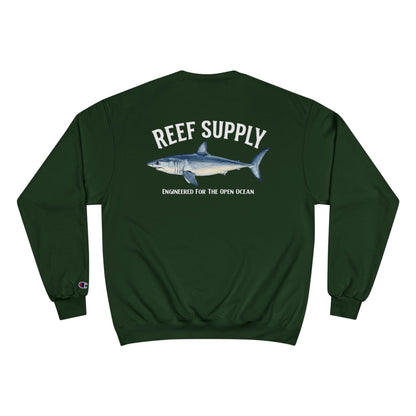 Back of a dark green Reef Supply Champion Mako Crewneck featuring a shark graphic.