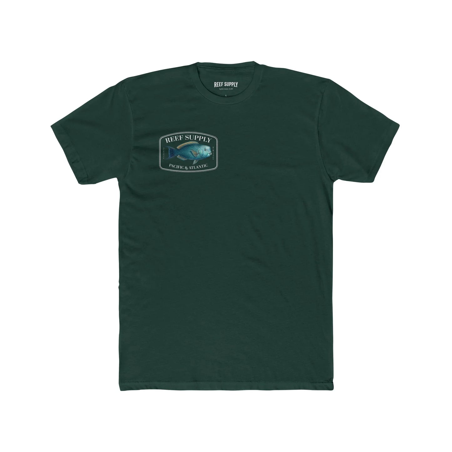 A close-up view of the front of a forest green premium cotton t-shirt. The centerpiece is a detailed, vibrant illustration of a blue Parrotfish, reflecting its natural colors. The Reef Supply brand logo is arched over the top of the fish, with 'Pacific & Atlantic' text printed in a clean font beneath it, highlighting our coastal inspiration