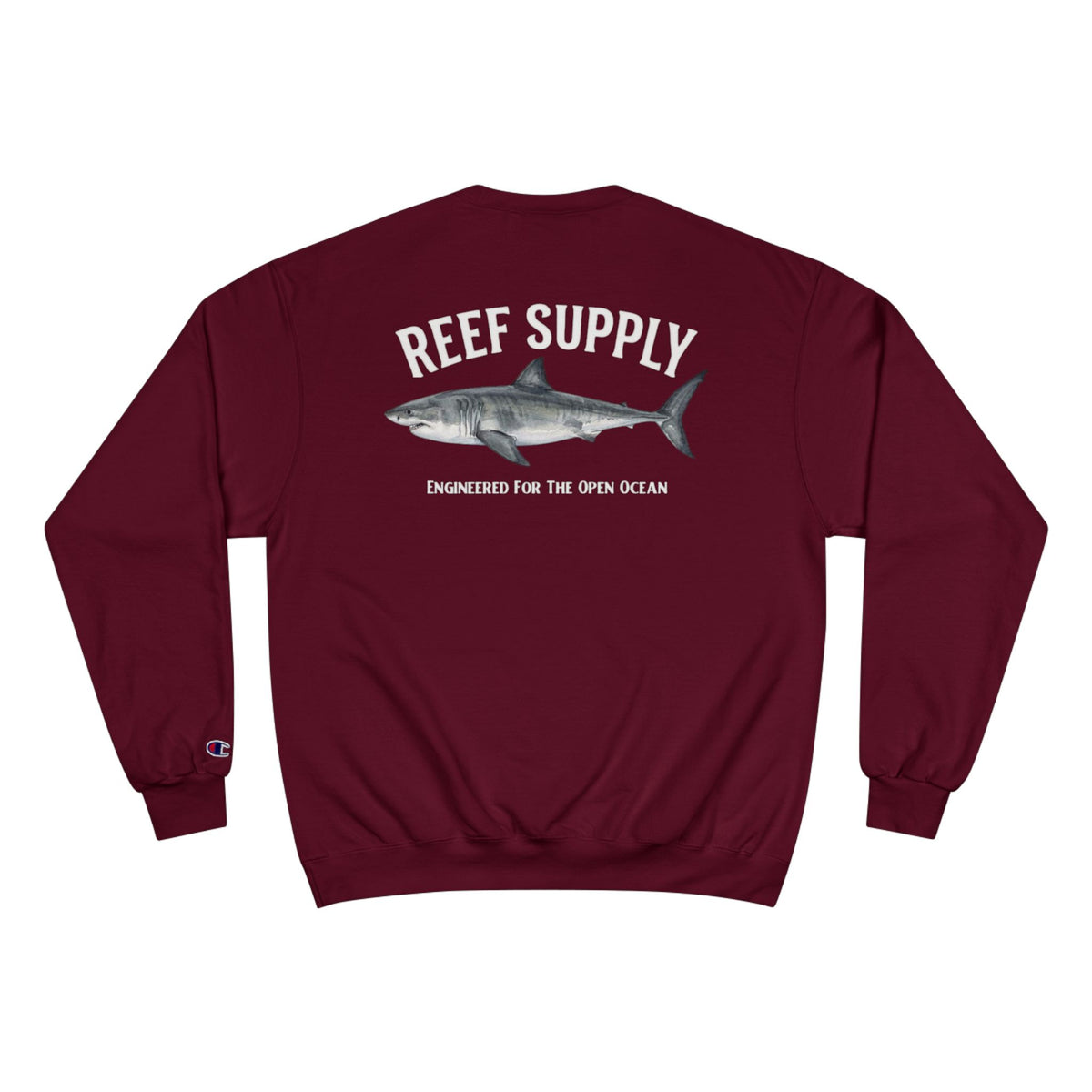 Maroon Reef Supply crewneck sweatshirt featuring a great white shark graphic on the back.
