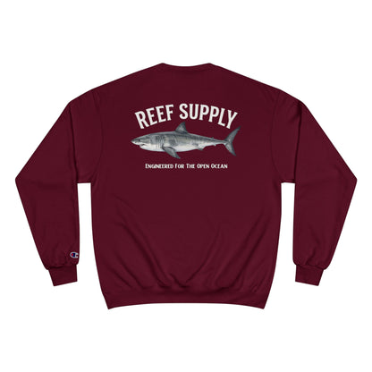 Maroon Reef Supply crewneck sweatshirt featuring a great white shark graphic on the back.