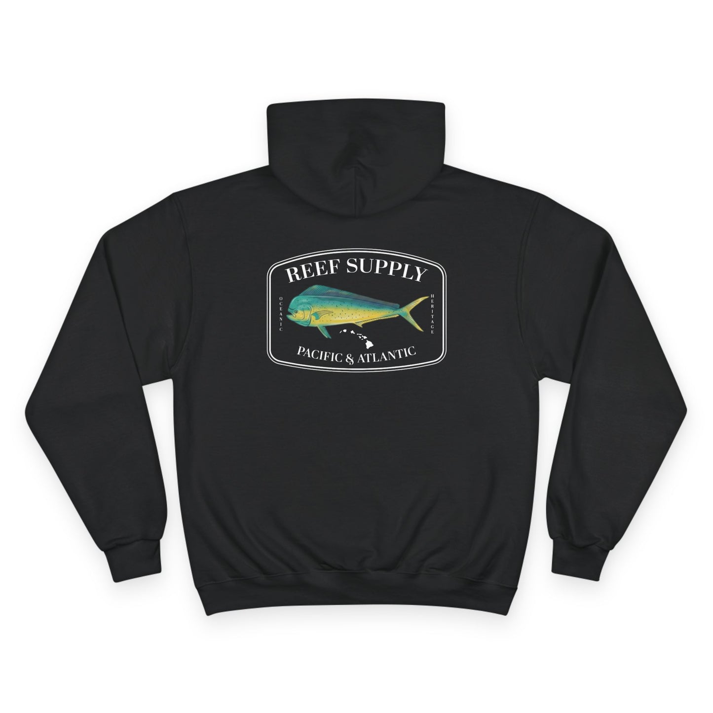 The back of a premium Champion black pullover hoodie, crafted for those who respect the sea. It features a bold, high-definition print of a vibrant Mahi Mahi—a tribute to the thrill of the offshore hunt. Paired with 'Reef Supply' coastal branding and the iconic 'Pacific & Atlantic' call-out, this Champion-quality garment delivers the durability needed for the marina and the style of a dedicated angler