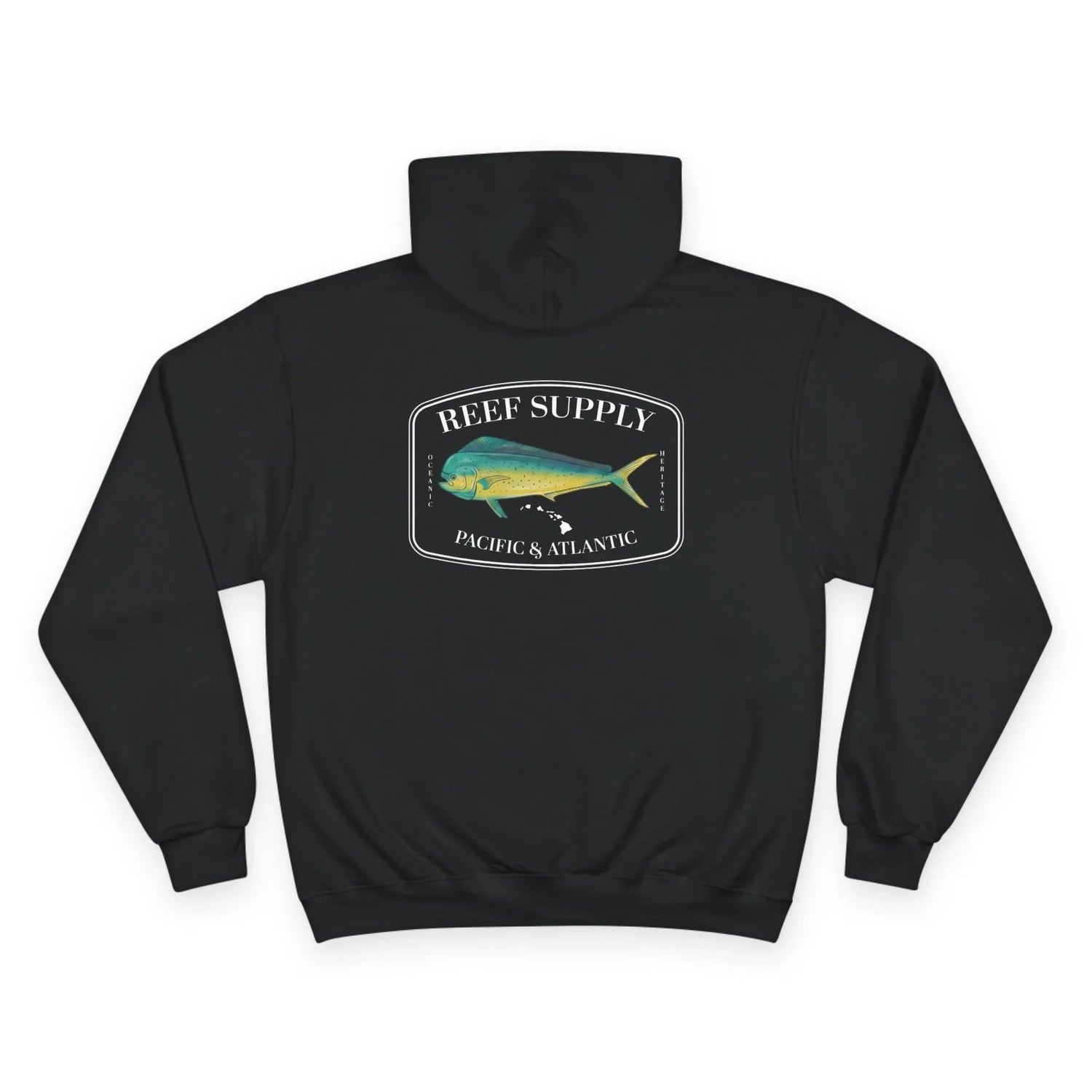 The back of a premium Champion black pullover hoodie, crafted for those who respect the sea. It features a bold, high-definition print of a vibrant Mahi Mahi—a tribute to the thrill of the offshore hunt. Paired with 'Reef Supply' coastal branding and the iconic 'Pacific & Atlantic' call-out, this Champion-quality garment delivers the durability needed for the marina and the style of a dedicated angler