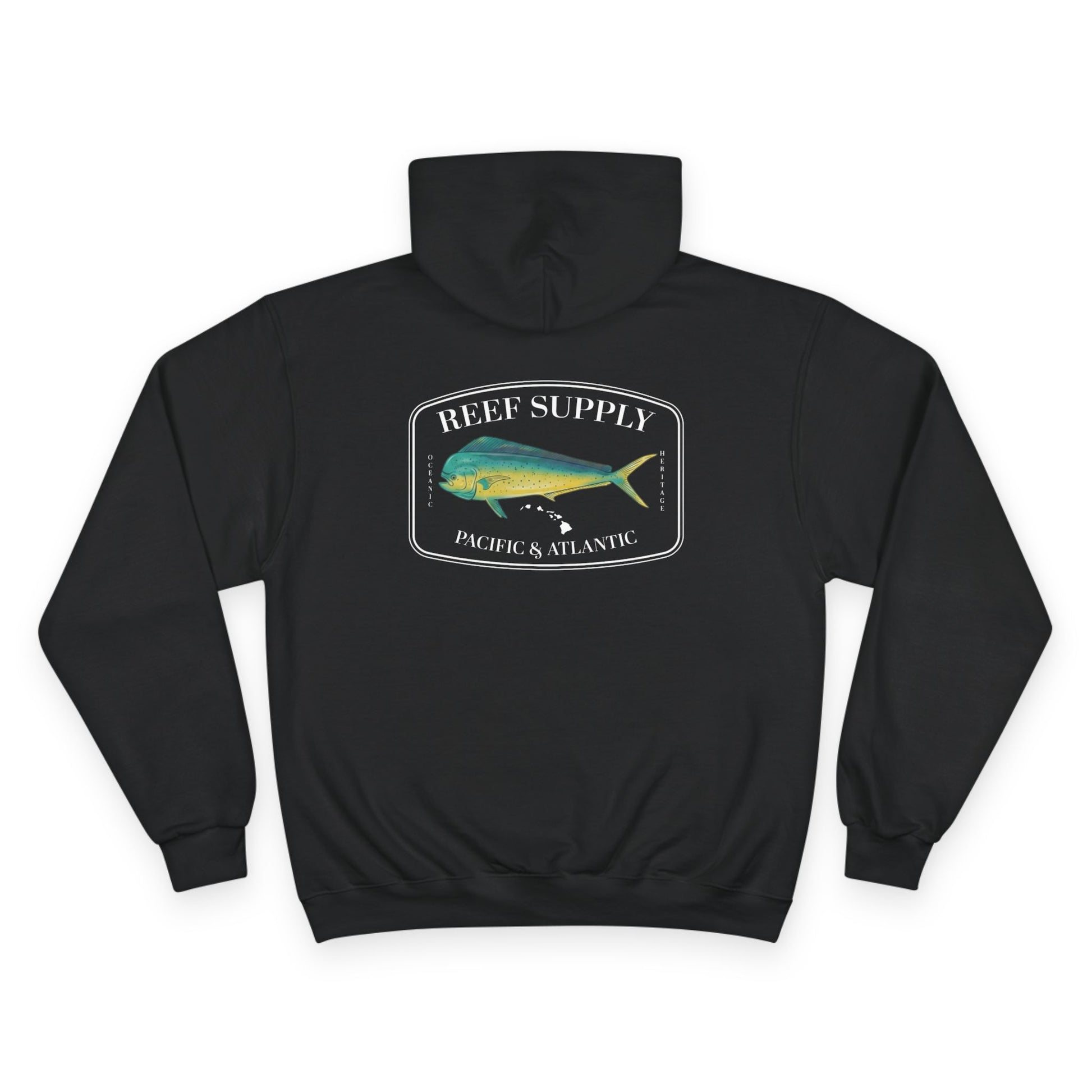 The back of a premium Champion black pullover hoodie, crafted for those who respect the sea. It features a bold, high-definition print of a vibrant Mahi Mahi—a tribute to the thrill of the offshore hunt. Paired with 'Reef Supply' coastal branding and the iconic 'Pacific & Atlantic' call-out, this Champion-quality garment delivers the durability needed for the marina and the style of a dedicated angler