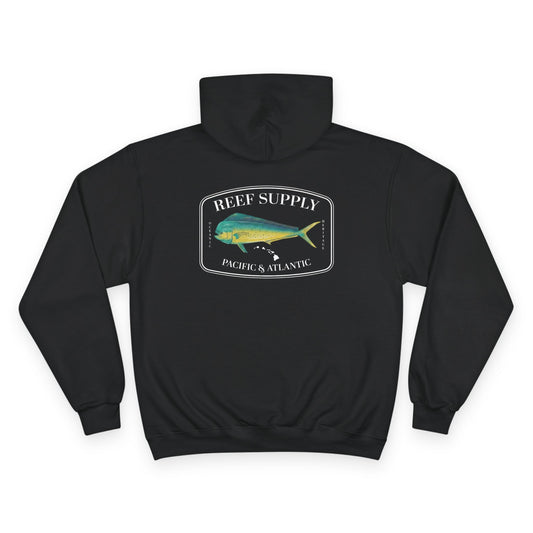 The back of a premium Champion black pullover hoodie, crafted for those who respect the sea. It features a bold, high-definition print of a vibrant Mahi Mahi—a tribute to the thrill of the offshore hunt. Paired with 'Reef Supply' coastal branding and the iconic 'Pacific & Atlantic' call-out, this Champion-quality garment delivers the durability needed for the marina and the style of a dedicated angler