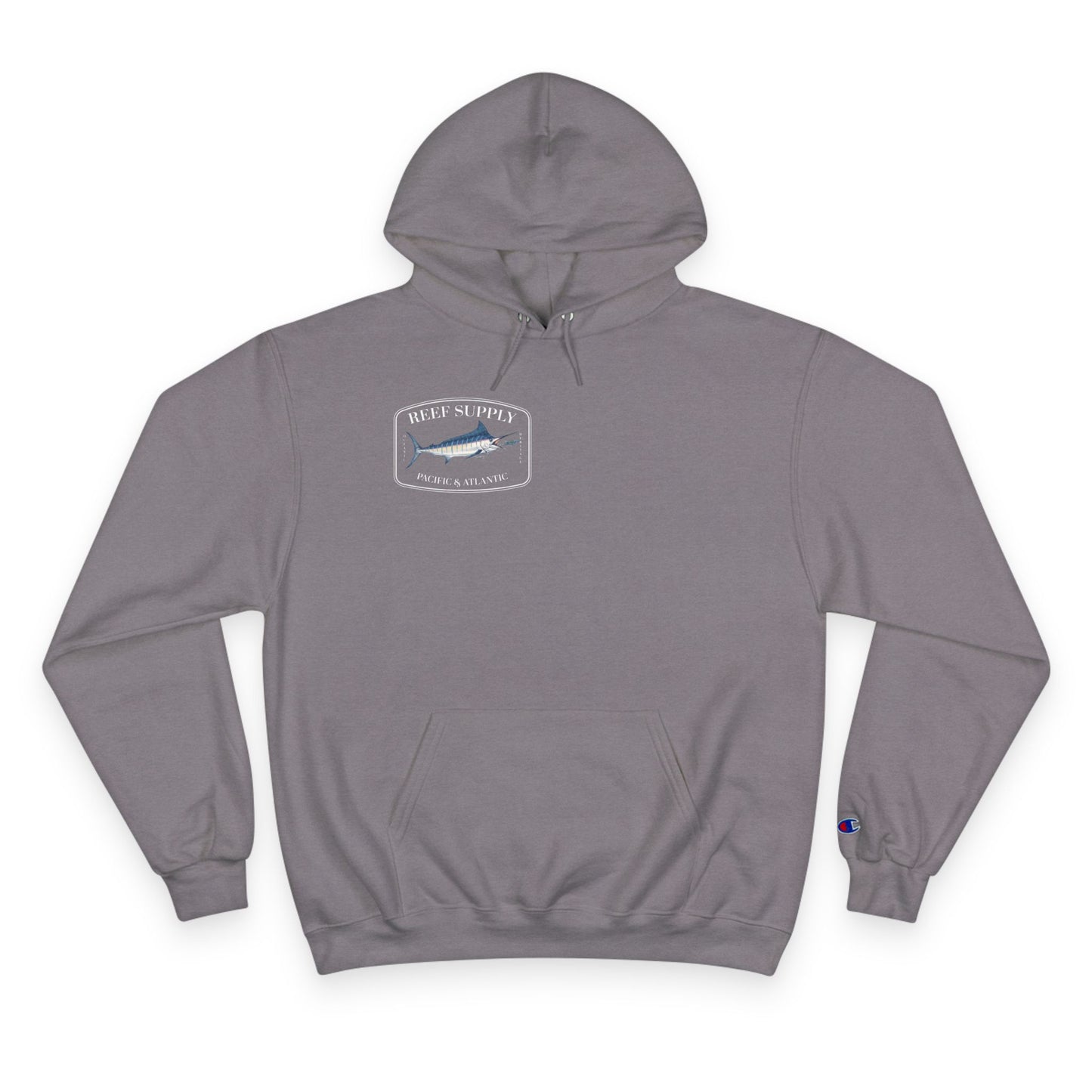 Front of a gray Champion - Reef Supply Marlin Fish Hoodie - gray