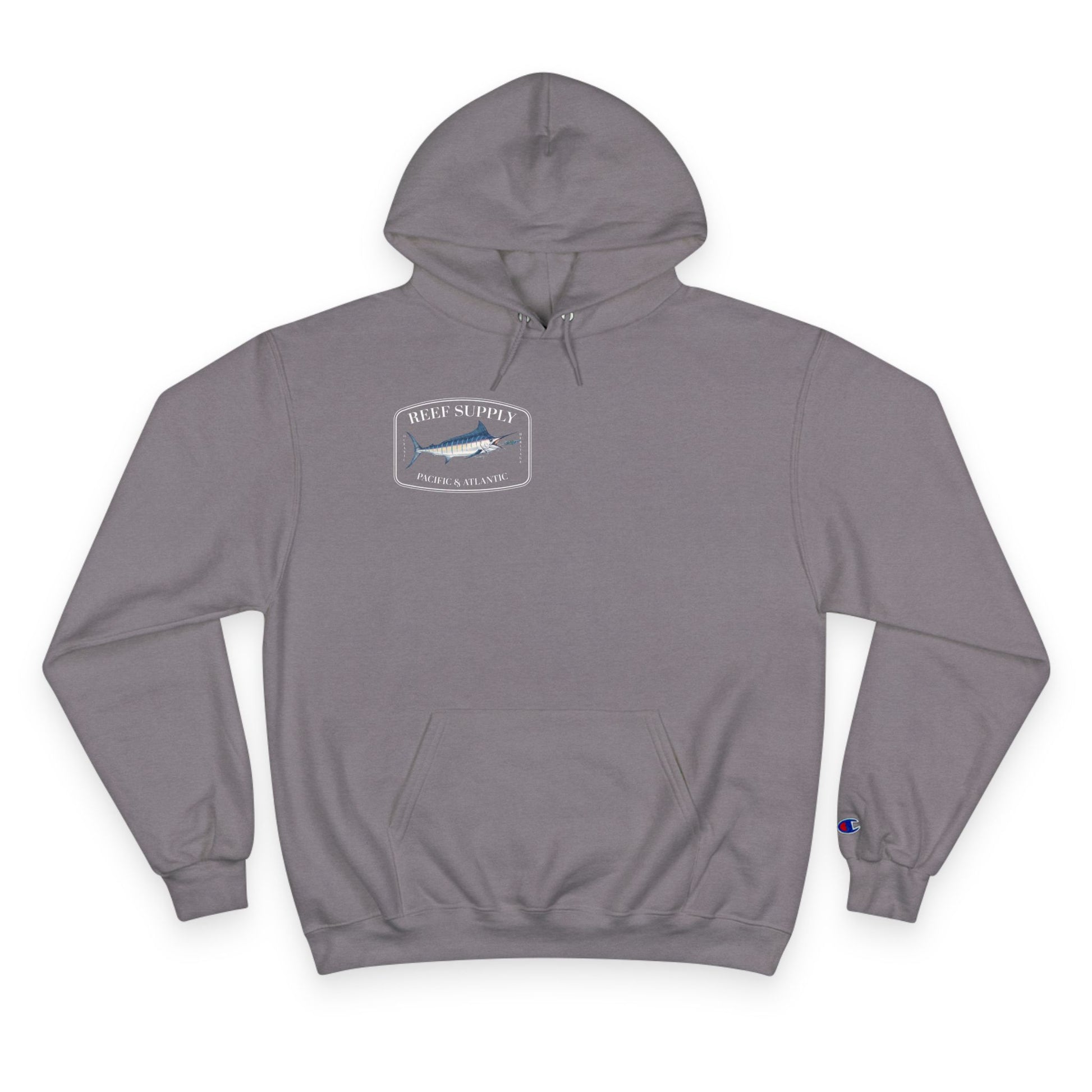 Front of a gray Champion - Reef Supply Marlin Fish Hoodie - gray